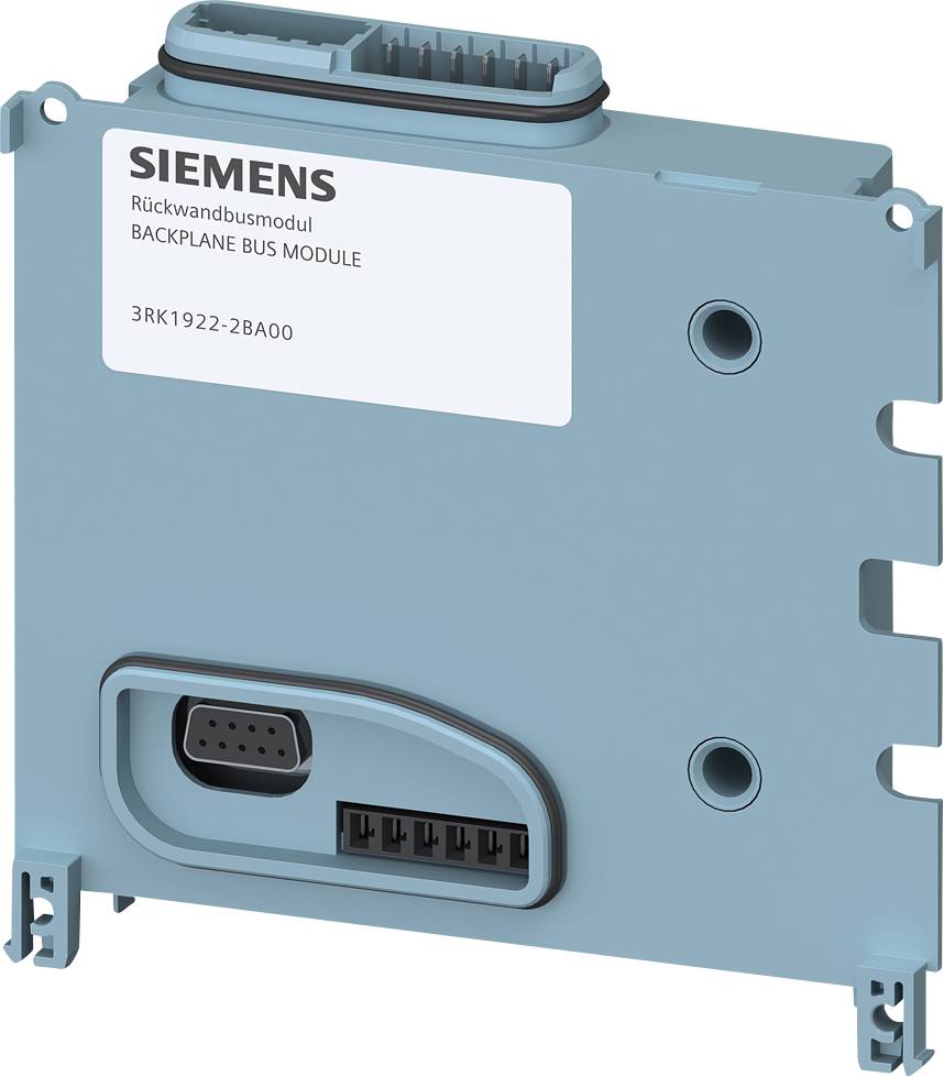 Blaues Siemens Rückwandbusmodul mit mehreren Anschlussstellen, Beschriftung 'Backplane Bus Module' und Produktcode '3RK1922-2BA00'.