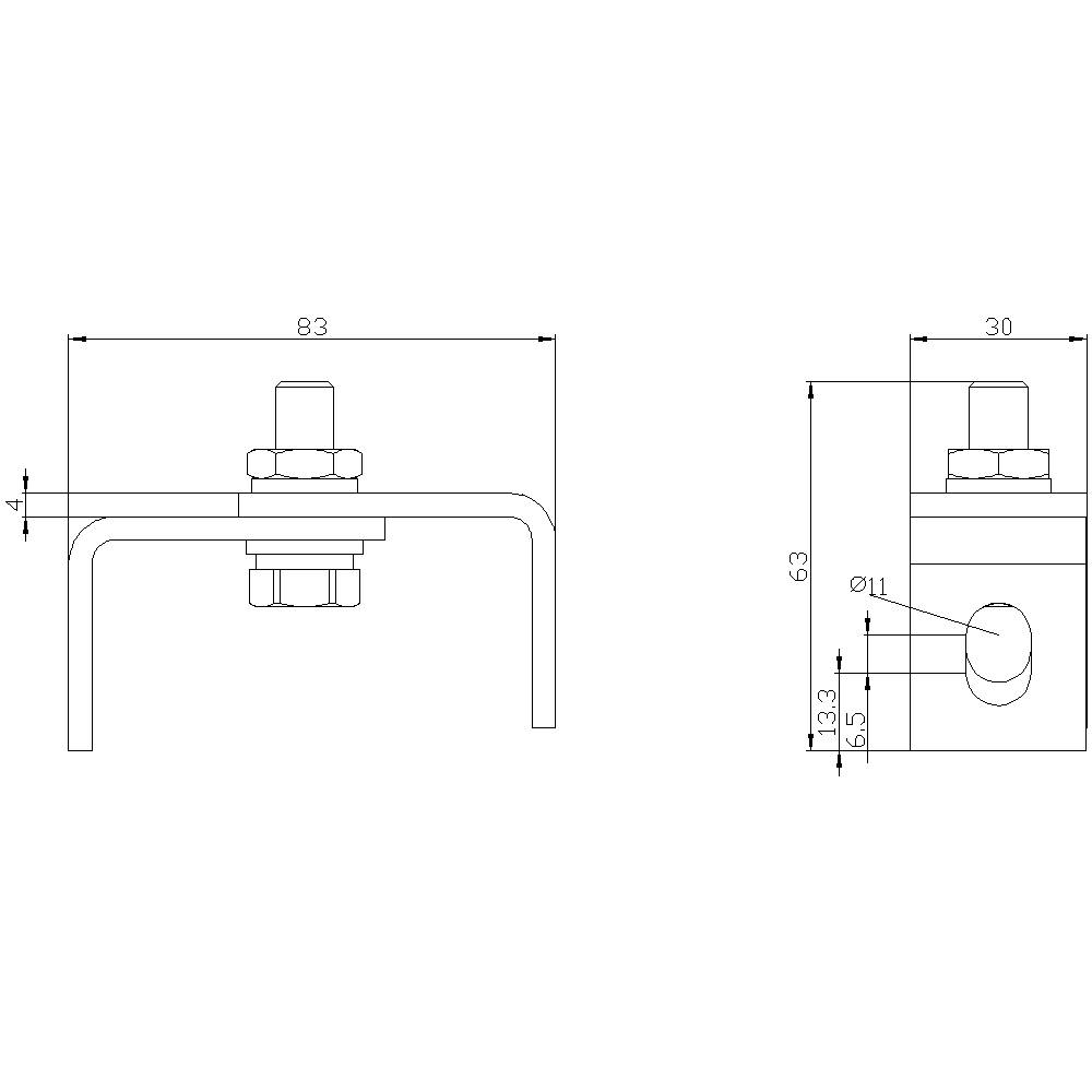 Technische Zeichnung eines Metallwinkels mit Maßen: 83 mm breit, 30 mm tief, mit Bohrung von 11 mm Durchmesser, 63 mm Hoch.