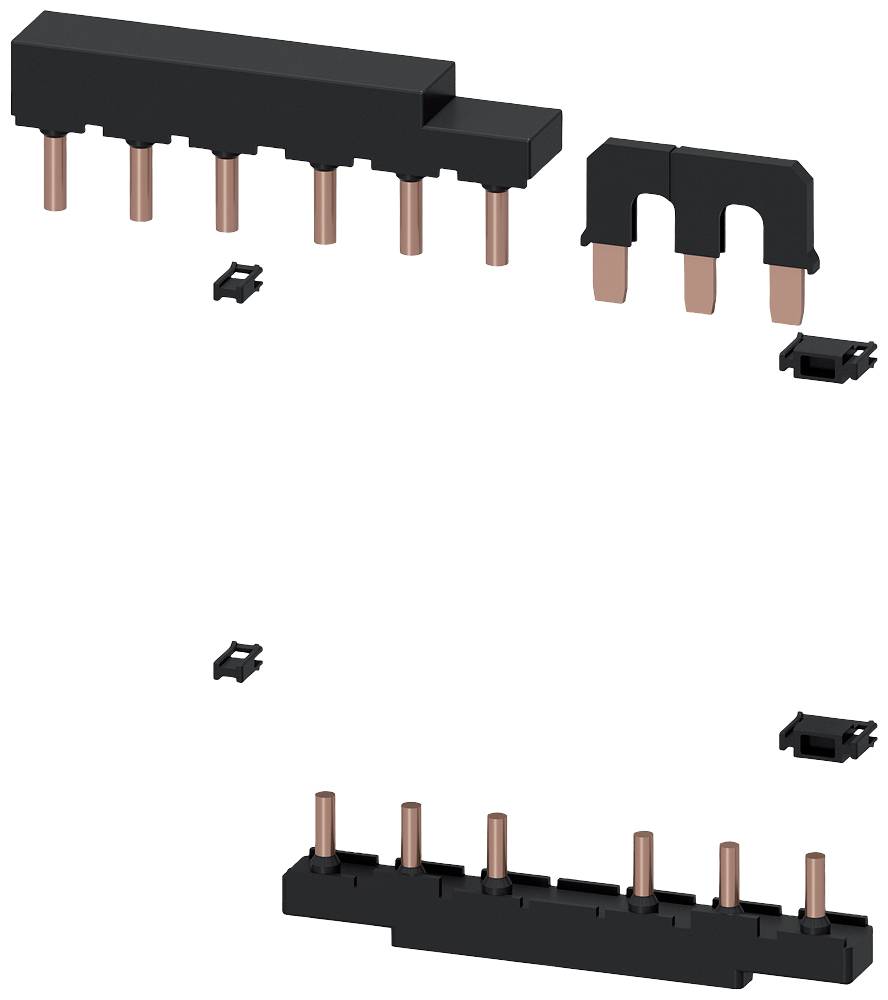 Ein elektrischer Steckverbinder mit mehreren Kupferpins und Plastikkomponenten in Einzelteilen. Oberer und unterer Teil sind getrennt.