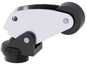 Ein modernes, schwarzes und weißes Rollenrad, das typisch für Bürostühle ist, auf einem neutralen Hintergrund.