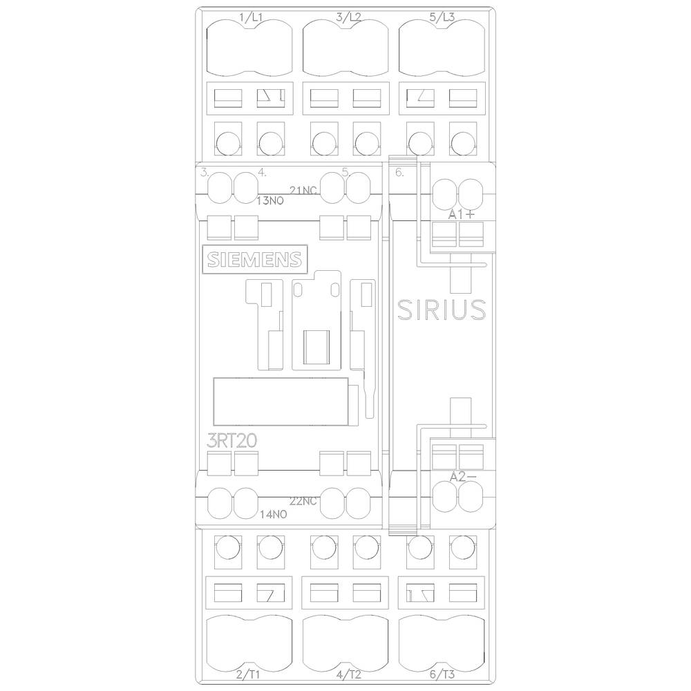 Schaltplan eines Siemens-SIRIUS-Schützes mit Kennzeichnungen für 3RT20 und Anschlussklemmen. Zeigt elektrische Verbindungsdetails.