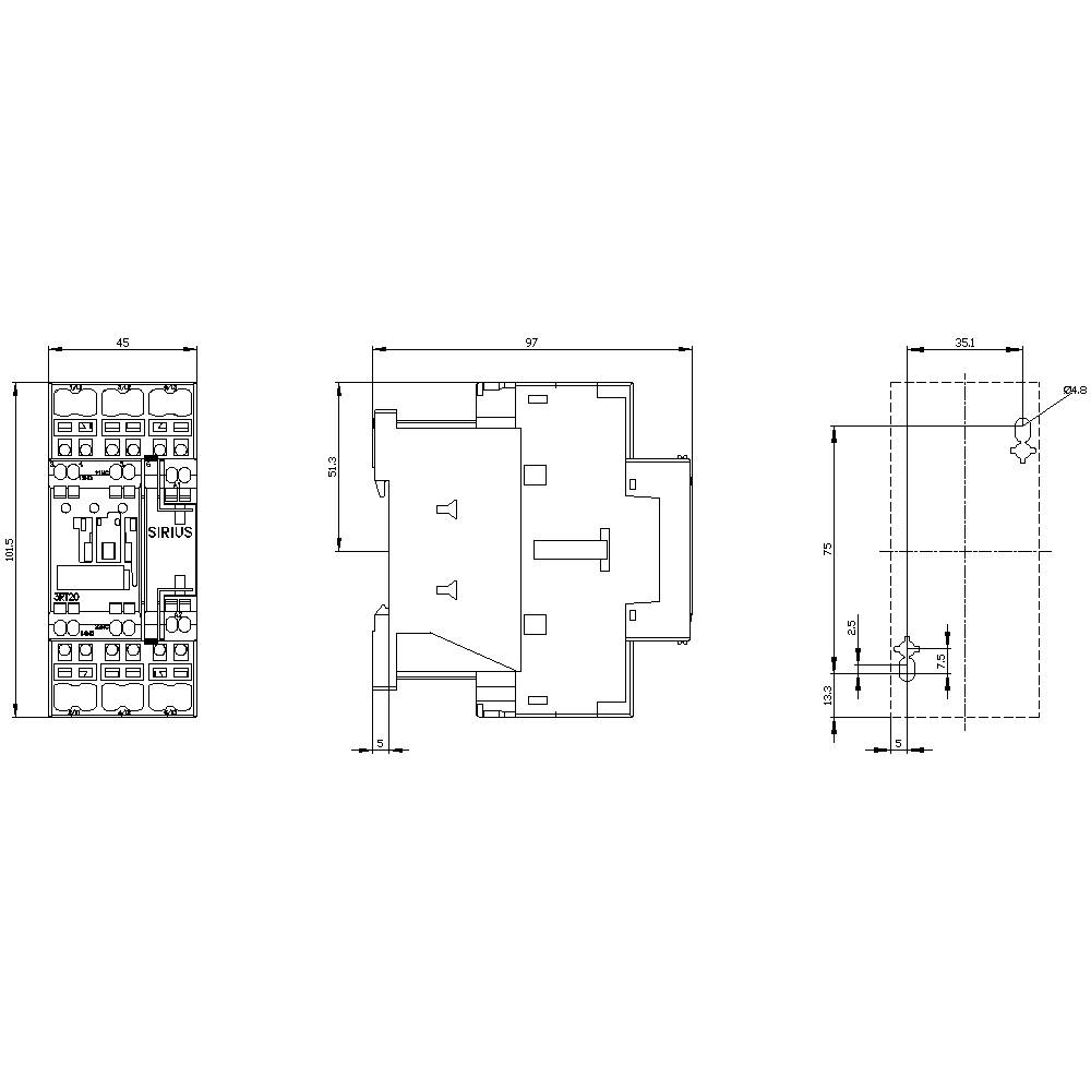 Technische Zeichnung eines elektrischen Bauteils mit Angaben zu Abmessungen und Layout. Zeigt verschiedene Ansichten und Details.