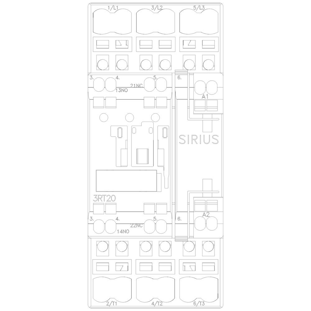 Ein Schaltplan für einen SIRIUS-Schütz, Modell 3RT20, zeigt die Anschlussklemmen und interne Schaltungselemente.
