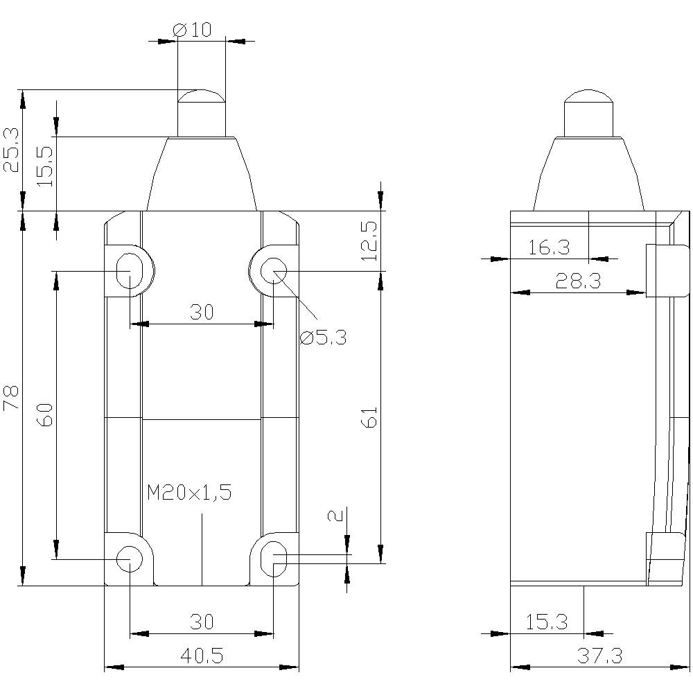 Technische Zeichnung eines Bauteils mit Maßen: Höhe 78 mm, Breite 40,5 mm. Details wie M20 Schraube, diverse Längen und Bohrungsdurchmesser.