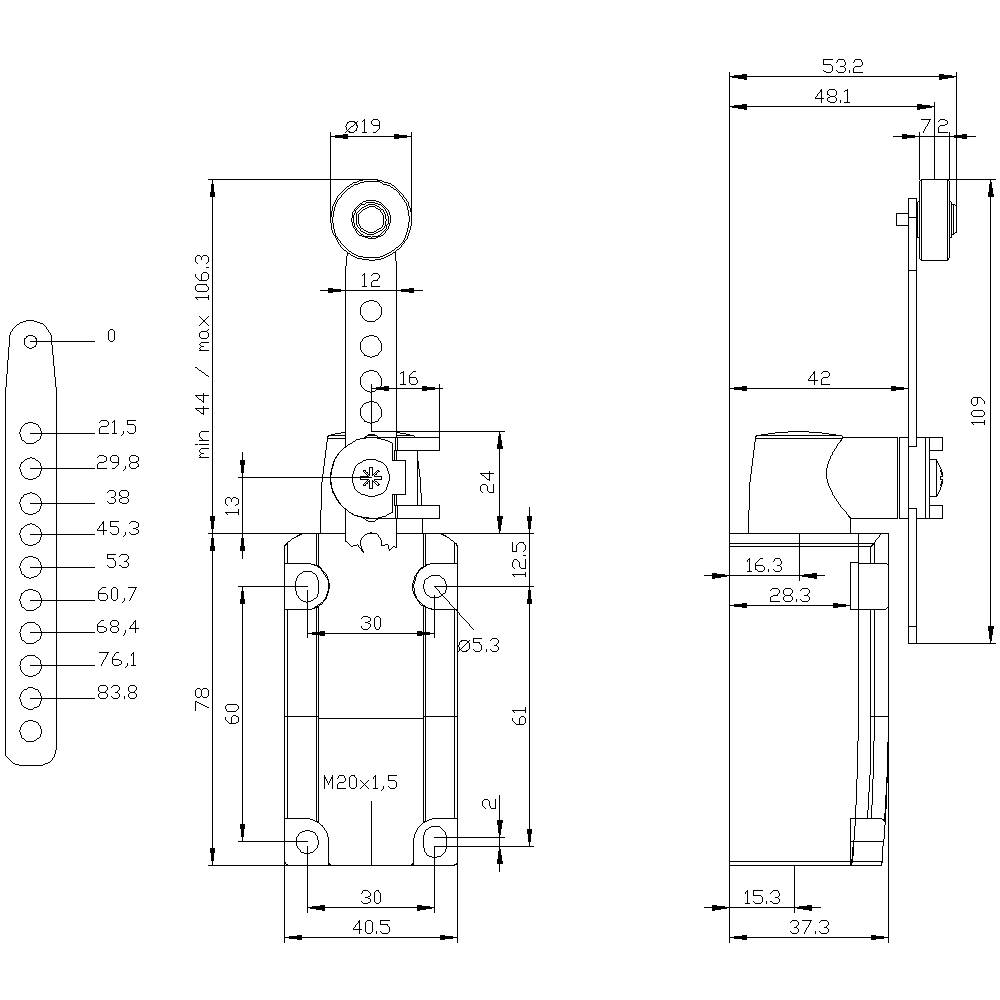 Siemens 3SE51120CH62 3SE5112-0CH62 Positionsschalter 6A Schwenkhebel, Edelstahlhebel, Kunststoffrolle IP66, IP67 1St.