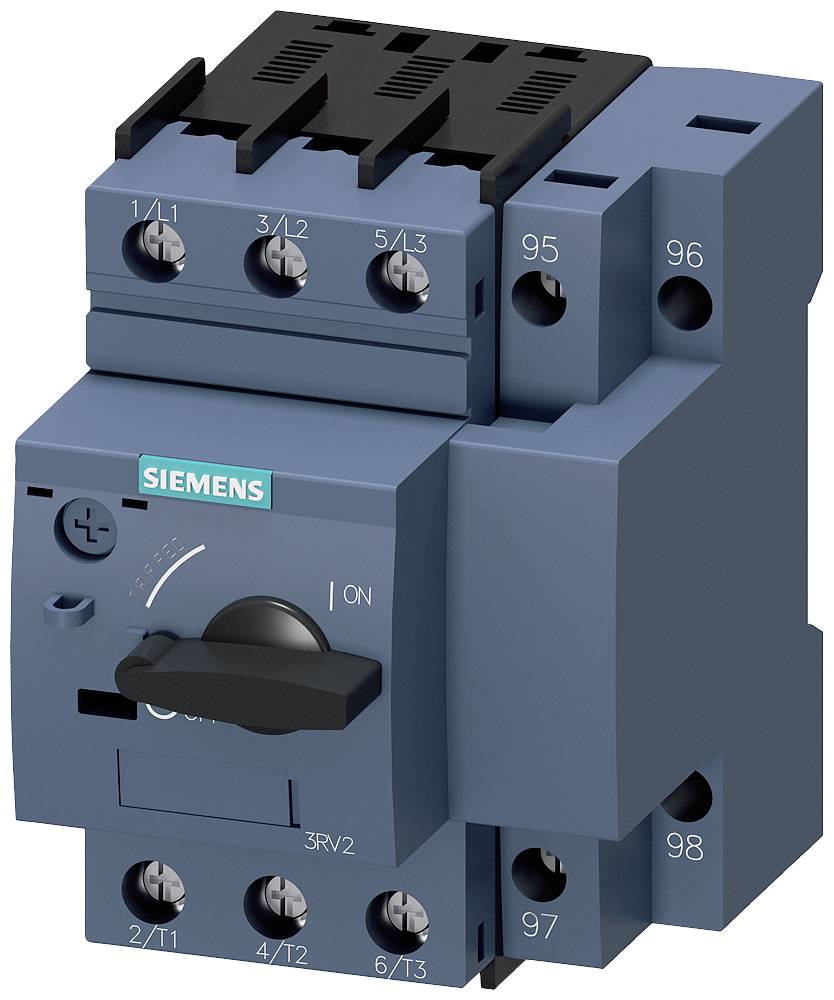 Ein blauer industrieller Hauptschalter von Siemens mit Drehschalter und mehreren Anschlussklemmen, verwendet in elektrischen Schaltschränken.