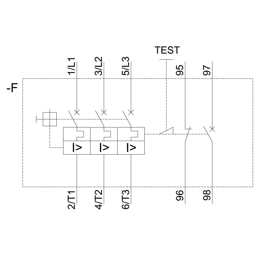 Schaltplan zeigt Testschaltung mit Relais (1/L1, 3/L2, 5/L3) und Schalter (2/T1, 4/T2, 6/T3). Leitungen zu TEST verbunden.