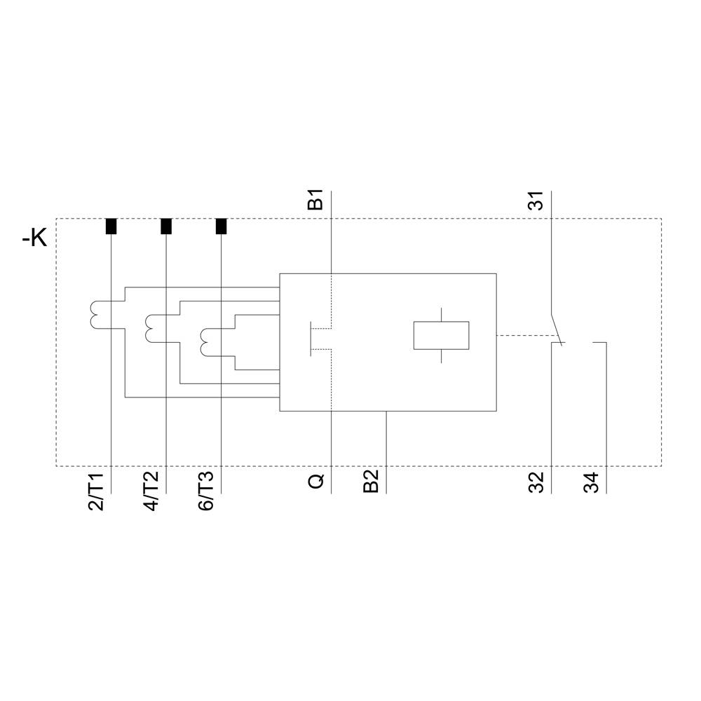 Schaltplan eines elektrischen Geräts mit Kontakten 2/T1, 4/T2, 6/T3, B1, B2 und K. Zeigt Verbindungen und Aufbau der Schaltung.
