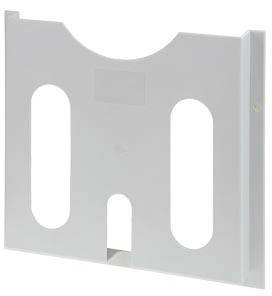 Ein weißer, vertikaler Kunststoffhalter mit drei großen ovalen Öffnungen, geeignet zur Aufbewahrung oder Befestigung von flachen Gegenständen.