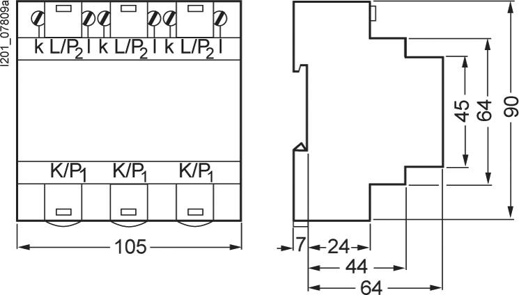 'Elektroinstallation Schaltplan' zeigt ein Relaismodul mit Maßen: Breite 105 mm, Tiefe 64 mm, Höhe 90 mm. Seitenansicht rechts.