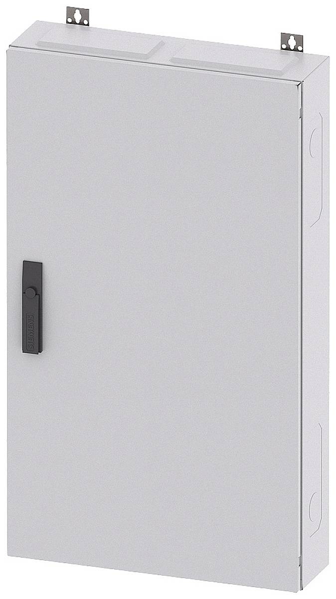 Ein grauer Metallschrank mit Griff, an der Wand montiert.