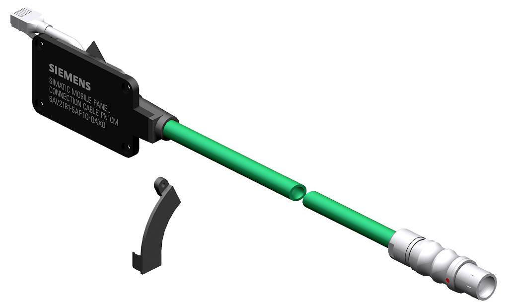 Siemens-Verbindungskabel mit grünem Kabel und metallischem Stecker, abgewinkelt für die Panelintegration. Eine separate kleine schwarze Halterung wird gezeigt.