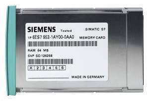 Siemens Simatic S7 Speicherkarte, 64 MB RAM, graues Gehäuse mit Etikett, das Modellnummer und Herkunftsland 'Made in Germany' zeigt.