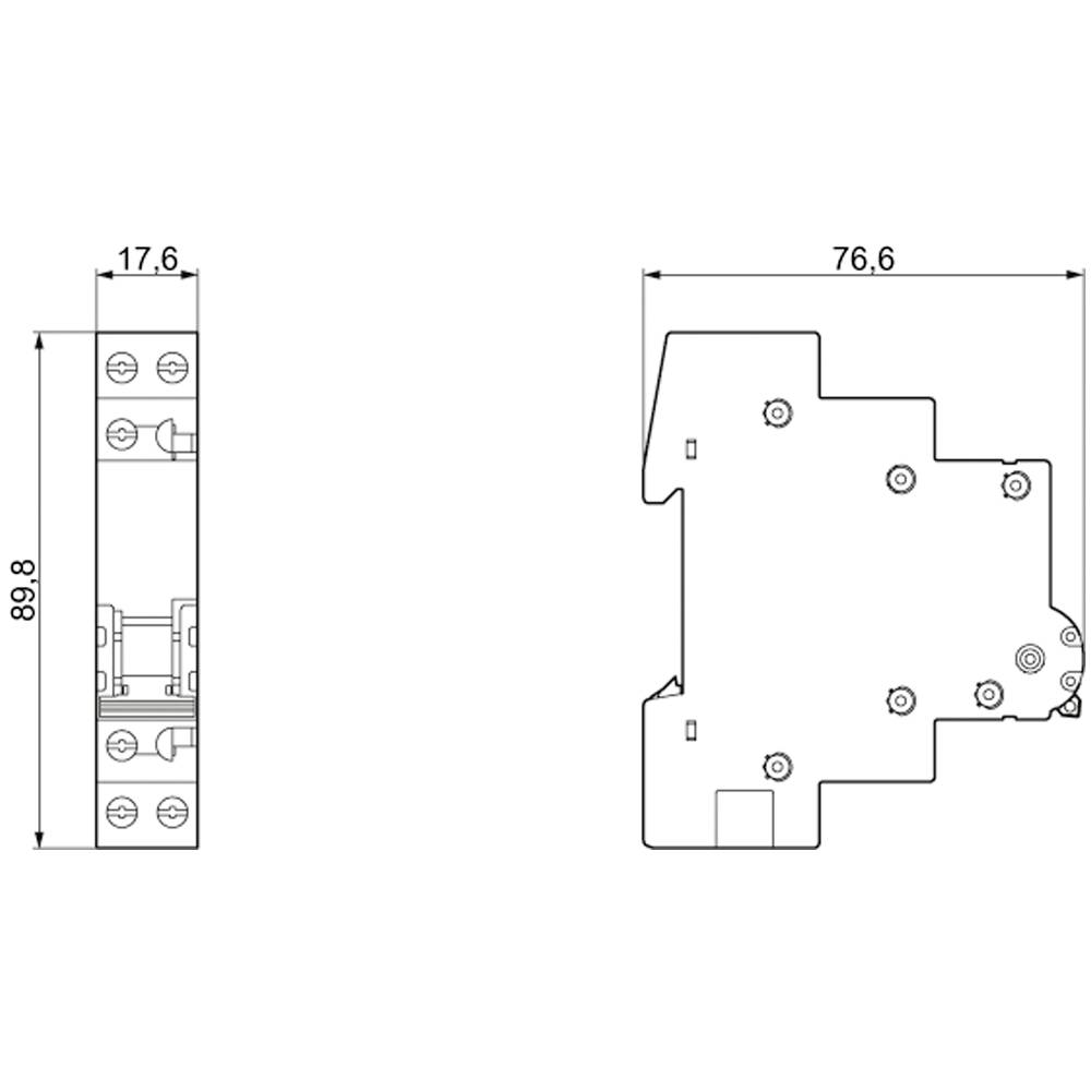 Technische Zeichnung eines elektrischen Bauteils mit Maßen: Höhe 89,8 mm, Breite 17,6 mm, Tiefe 76,6 mm. Draufsicht und Seitenansicht.