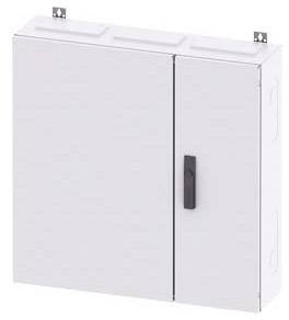 Ein weißer Schaltschrank mit zwei Türen und einem schwarzen Griff, an der Wand montiert.
