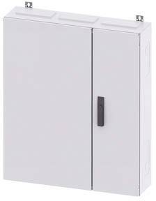 Grauer Elektroschrank mit zwei Türen und schwarzem Griff, Deckel oben. Geeignet für Elektroinstallationen in Innenräumen.