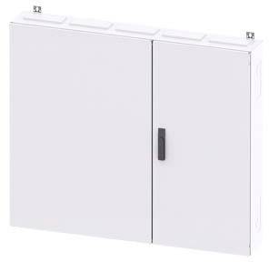 Ein weißer Metallschrank mit zwei Türen und einem schwarzen Griff, montierbar an der Wand; dient zur Aufbewahrung von Geräten oder Dokumenten.
