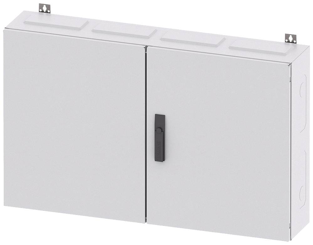 Grauer Metallschrank mit zwei Türen, eine mit schwarzem Griff, zur Aufbewahrung von Elektrogeräten oder Werkzeugen.