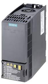 Ein schwarzer Siemens-Sinamics-Frequenzumrichter mit Belüftungsöffnungen und gelben Warnhinweisen an der Unterseite.