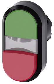 Ein ovaler Schalter mit einem grünen oberen Bereich und einem roten unteren Bereich, zwischen denen ein transparenter Streifen verläuft.