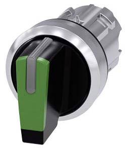Drehschalter mit grünem Hebel und silbernem Rand, positioniert nach oben. Verwendet zur Steuerung elektrischer Geräte oder Maschinen.
