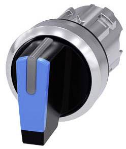 Ein runder Drehschalter mit blauem Griff und silbernem Rand, ausgelegt zur Steuerung elektronischer Geräte.