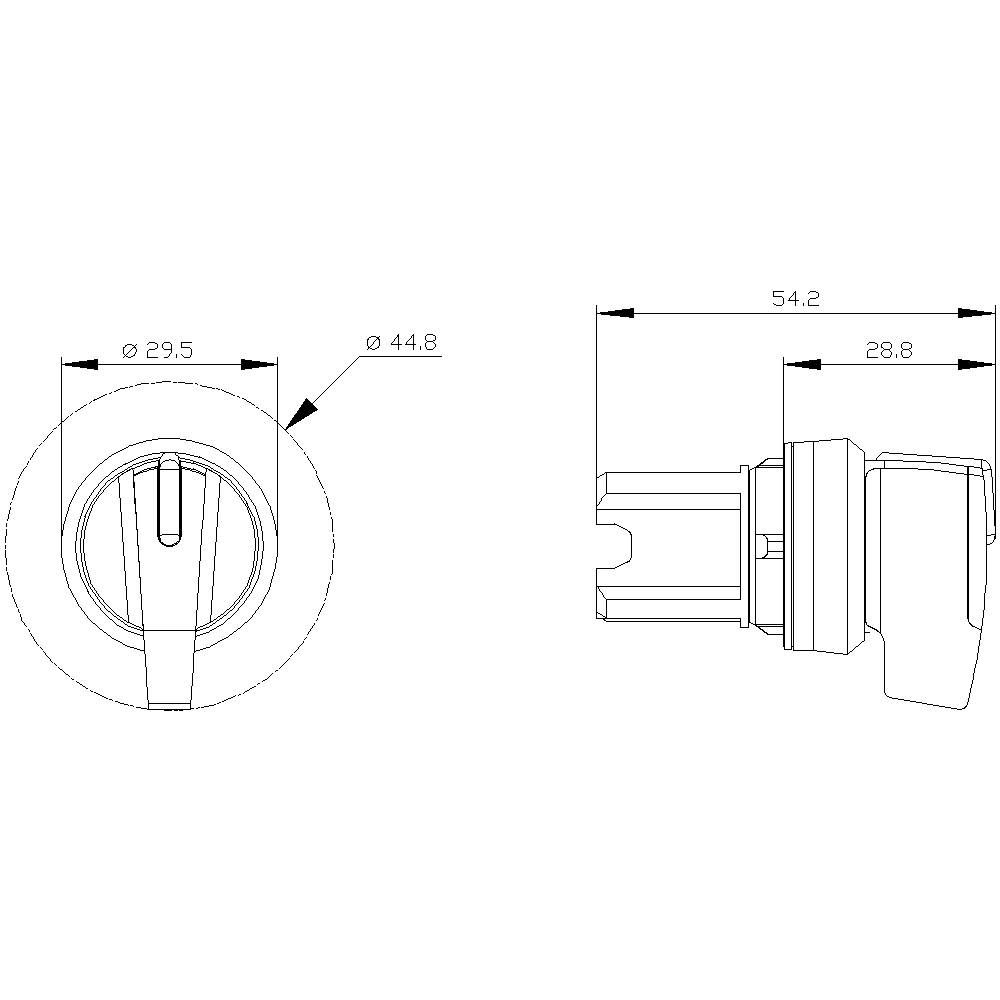 Technische Zeichnung eines Verriegelungsknopfes mit Abmessungen: Durchmesser 29,5 mm, Gesamtlänge 54,2 mm. Seiten- und Vorderansicht dargestellt.