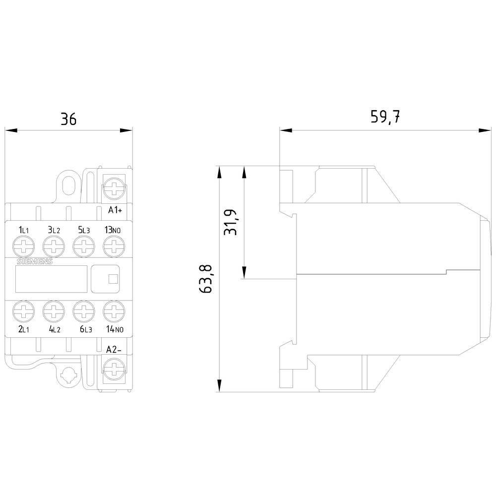 Technische Zeichnung eines elektrischen Relais mit Abmessungen: links 36 mm, rechts 59,7 mm, Höhe 63,8 mm. Zeigt Anschlusspunkte und Beschriftungen.