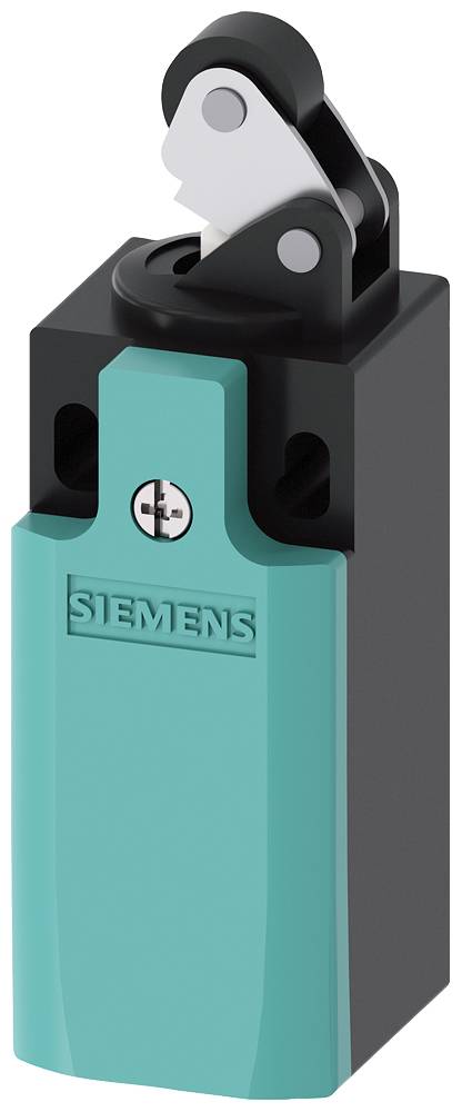 Ein türkisfarbener Sicherheitsschalter von Siemens mit schwarzem Gehäuse und silbernem Hebel oben, dient zur maschinellen Absicherung.
