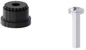 Ein schwarzer Kunststoffknopf und ein silberner Metallstift sind nebeneinander abgebildet. Der Knopf hat geriffelte Kanten.