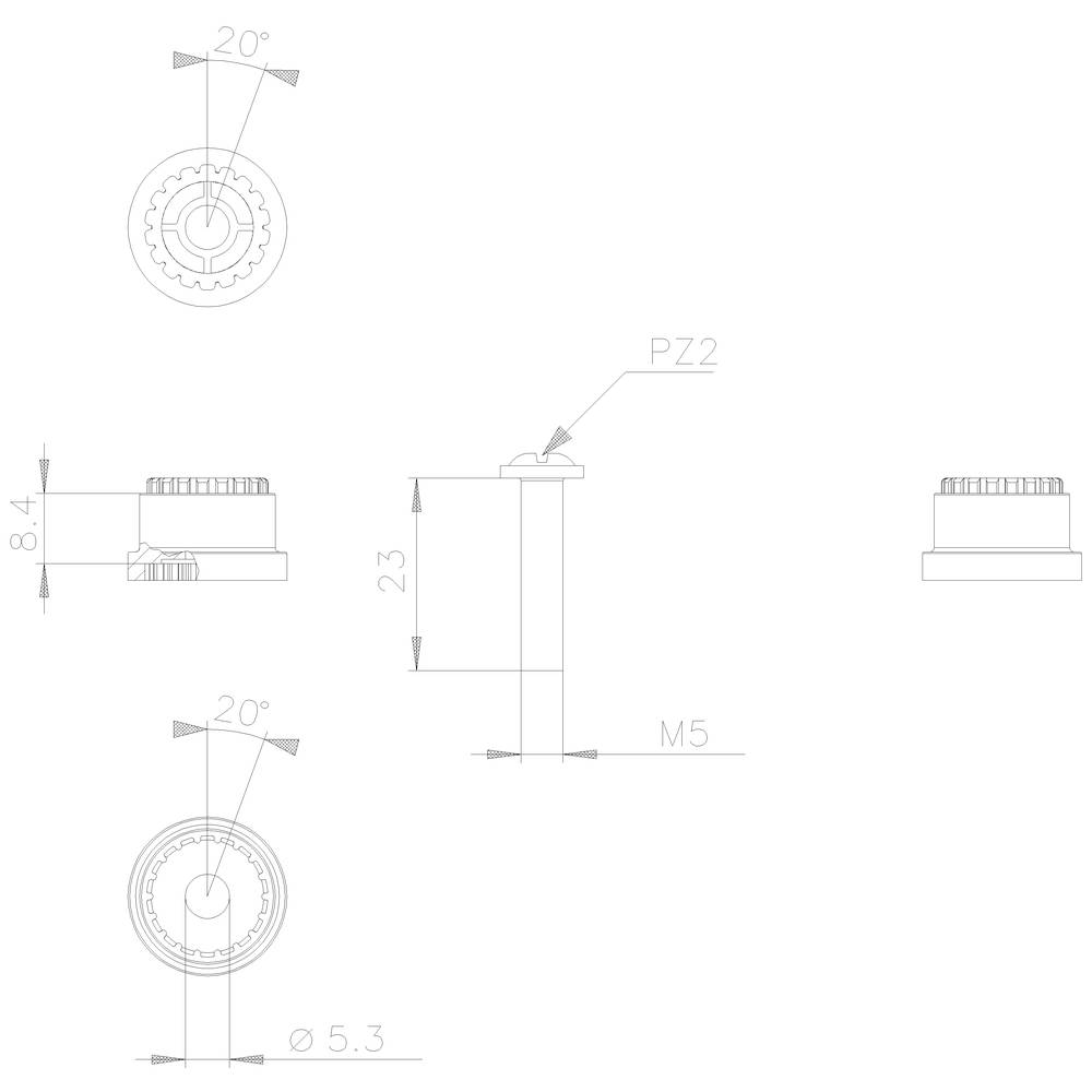 Technische Zeichnung eines Schraubenkopfes in mehreren Ansichten, einschließlich Maße und Blickwinkel. Schriftzug 'PZ2' zeigt den Antriebstyp.