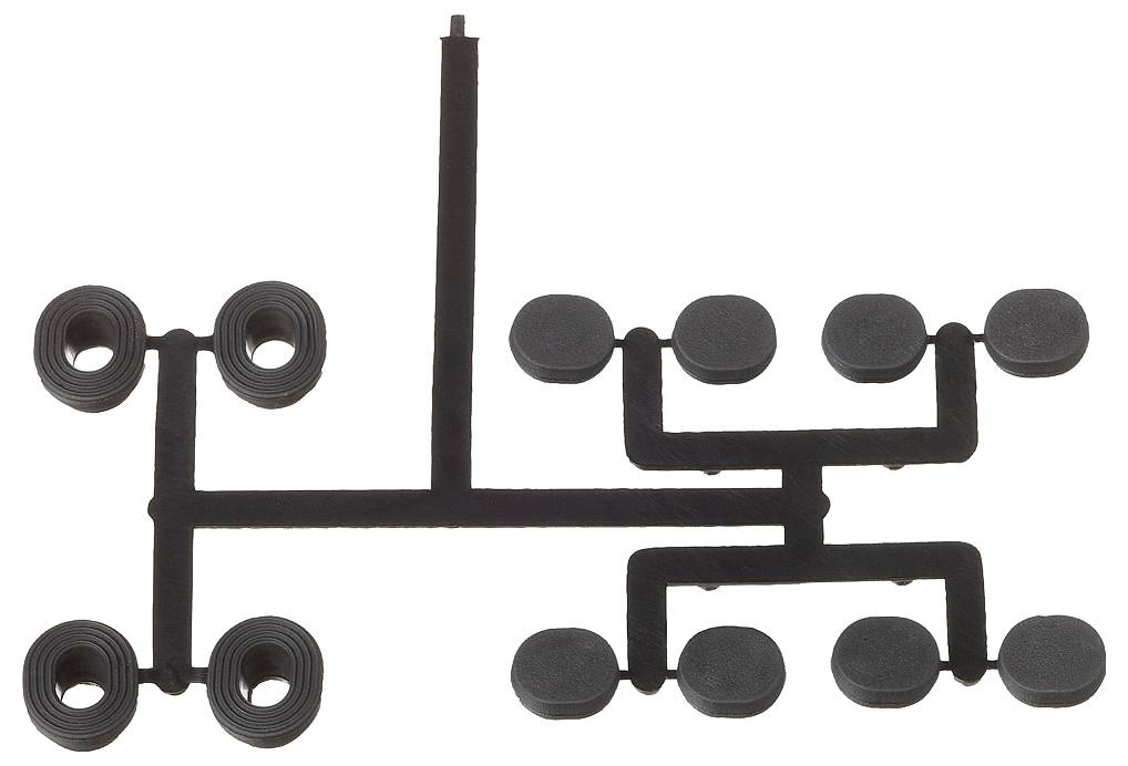 Ein Bauteilbaum aus schwarzem Kunststoff mit abzweigenden Armen und runden Endstücken, wahrscheinlich Teil eines Modells oder Bausatzes.