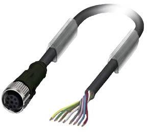 Ein mehradriges, abgeschirmtes Kabel mit offenliegenden farbigen Drähten auf der einen Seite und einem runden, metallischen Stecker auf der anderen Seite.