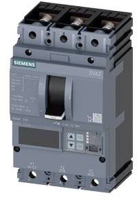 Ein dreipoliger Leistungsschalter von Siemens, Modell 3VA2, in einem grauen Gehäuse, geeignet für industrielle Anwendungen.