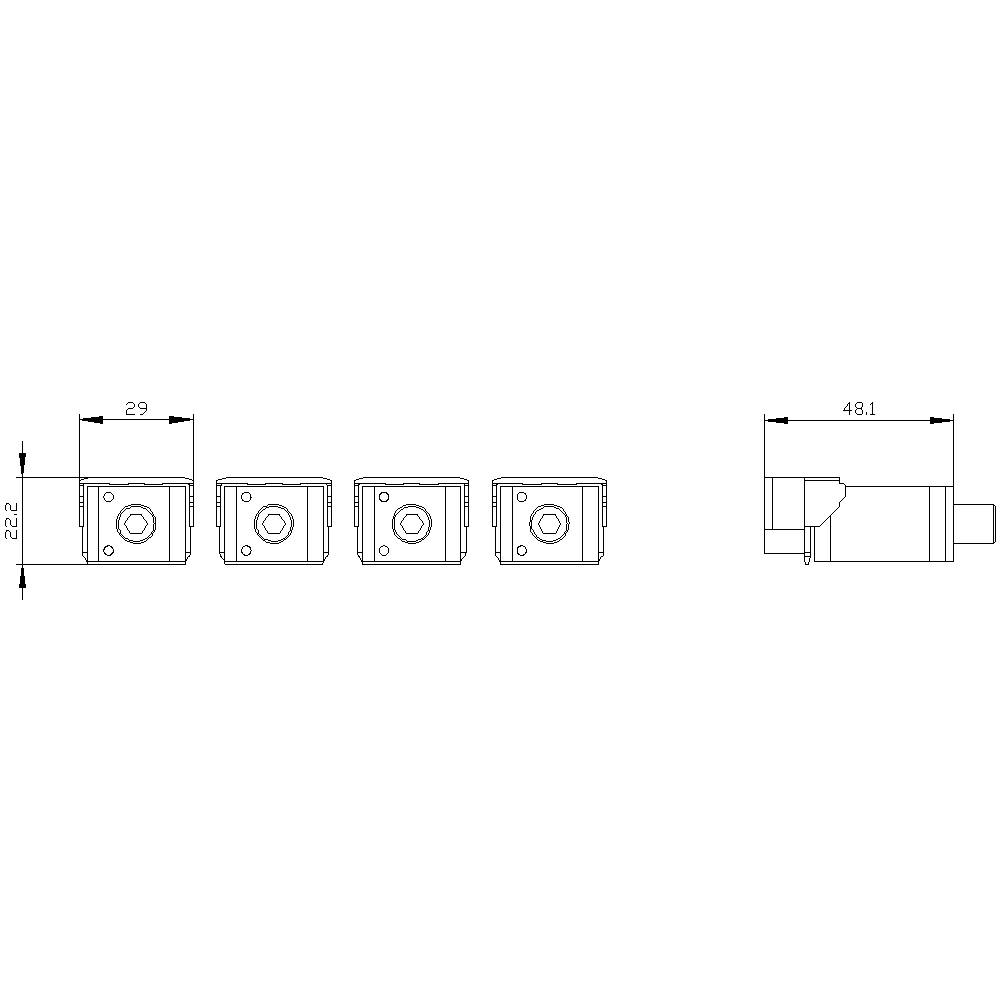 Technische Zeichnung eines quadratischen Bauteils mit Maßen 29 x 22, Seitenansicht zeigt Tiefe von 48,1. Serienansicht von vier Bauteilen.
