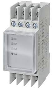 Ein graues Steuermodul mit vier blauen Schraubklemmen oben und vier LED-Anzeigen S1 bis S4 auf der Vorderseite.