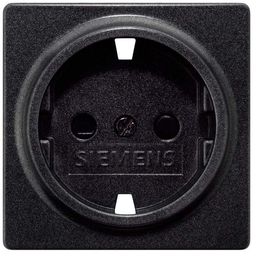 Schwarze Wandeinbausteckdose von Siemens, runde Form, mit zwei Löchern für Eurostecker und Schutzkontakt.