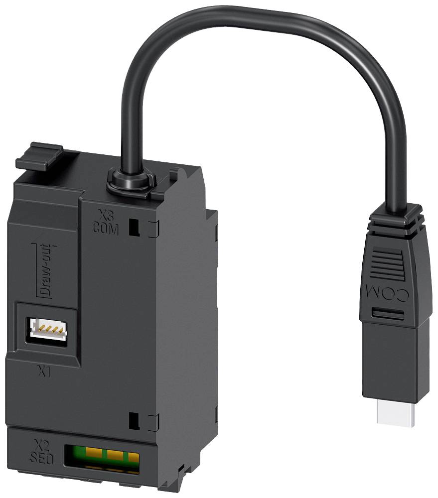 Schwarzer Adapter mit Kabel; verfügt über Anschlüsse für X1 und X2 sowie einen USB-Anschluss. Verwendet zur Verbindung von Geräten.