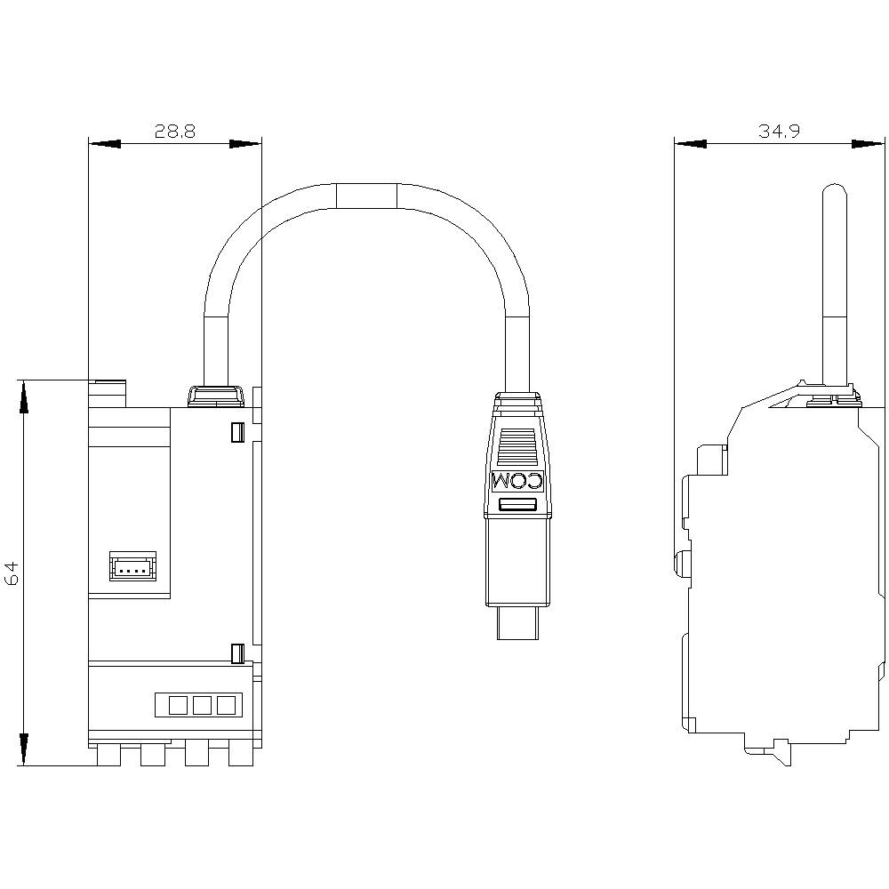 Technische Zeichnung eines elektronischen Geräts mit Anschlüssen und Maßen 28,8 mm Breite, 64 mm Höhe, und 34,9 mm Tiefe.