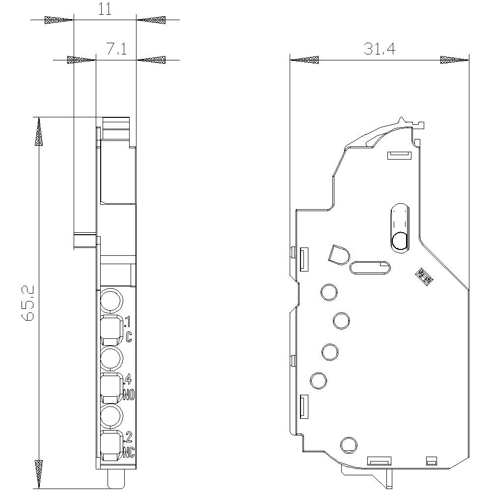 Technische Zeichnung eines elektronischen Bauteils mit Abmessungen: Höhe 65,2 mm, Breite 31,4 mm, Tiefe 11 mm. Seiten- und Vorderansicht.
