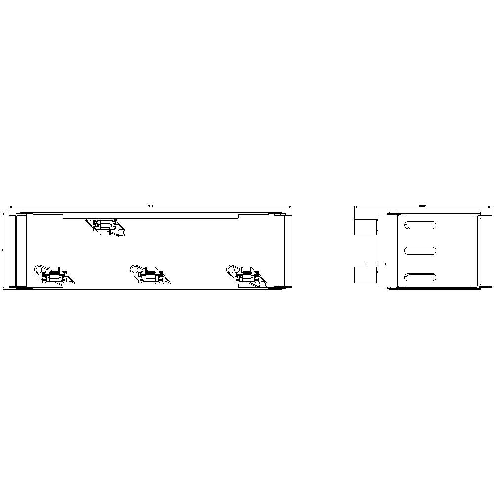 Technische Zeichnung eines rechteckigen Geräts mit Belüftungselementen. Oben Draufsicht, rechts Seitenansicht.