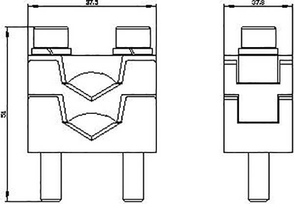 Technische Zeichnung eines elektronischen Bauteils mit Abmessungen. Ansicht von vorne und oben. Maßangaben und geometrische Formen sichtbar.