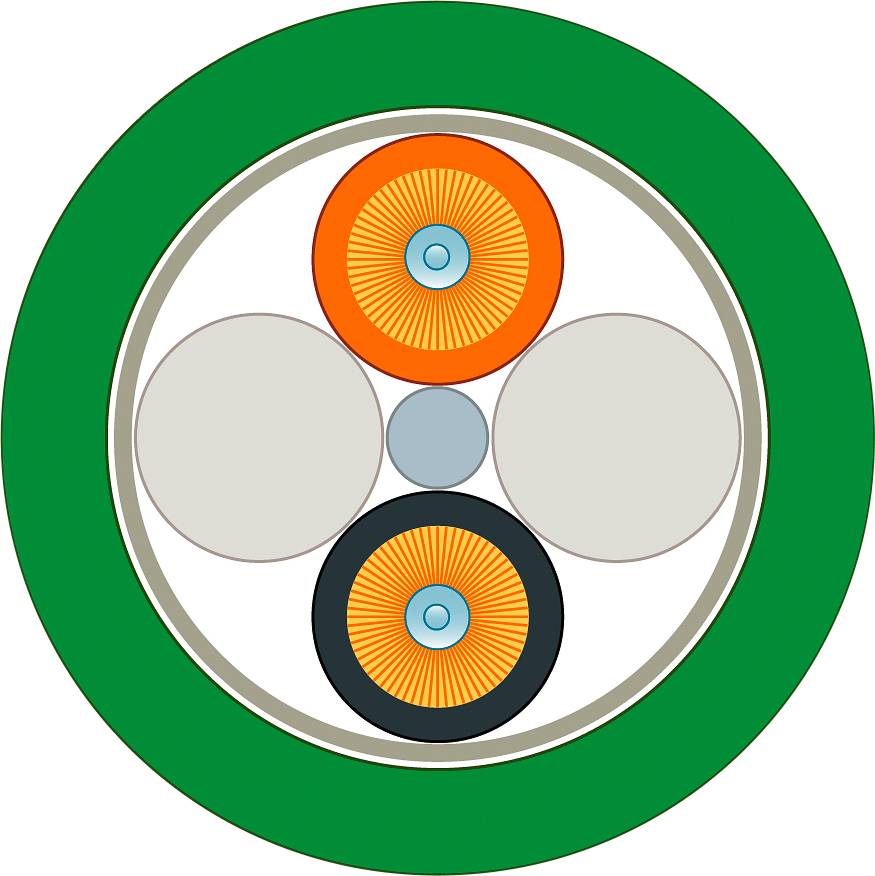 Ein schematisches Bild eines Kabelquerschnitts mit drei runden Drähten in der Mitte, umgeben von Isolierung in Orange und Schwarz.