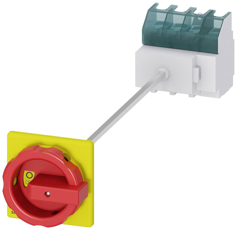 Ein gelber Not-Aus-Schalter mit rotem Griff, der mit einem transparenten, grünen Kunststoffkasten verbunden ist.