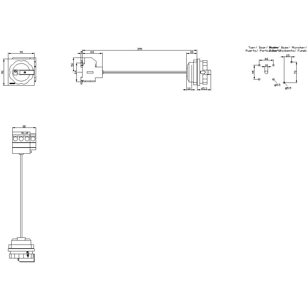 Ein technisches Diagramm mit mehreren Ansichten eines Bauteils, inklusive Front-, Seitenansicht und Maßangaben in Millimetern.