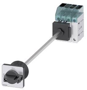Ein Drehgriff mit Schalterantrieb und Siemens-Schaltgerät, seitlich montiert, für industrielle Steuer- und Schaltanwendungen.