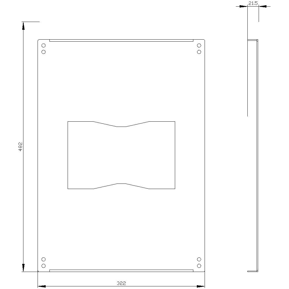 Technische Zeichnung eines rechteckigen Bauteils mit zwei Ansichten. Frontansicht zeigt vertiefte Form in der Mitte. Abmessungen: 462 x 322 mm, Dicke: 21.5 mm.