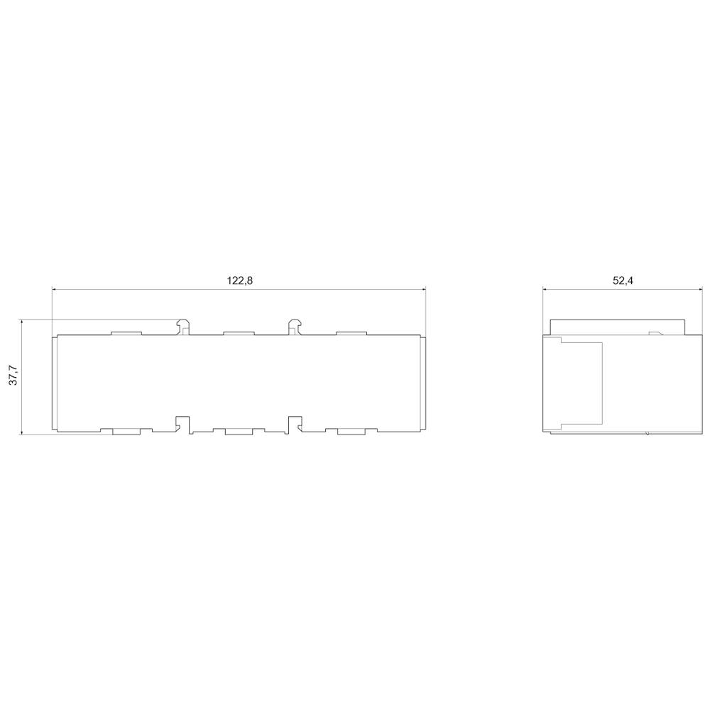 Technische Zeichnung eines rechteckigen Bauteils. Maße: Länge 122,8 mm, Breite 37,7 mm und 52,4 mm. Seitenansicht und Draufsicht.