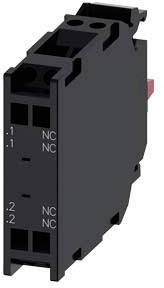 Ein schwarzer elektrischer Schalter, rechteckig geformt, mit Anschlüssen und der Aufschrift 'NC' an den Seiten.