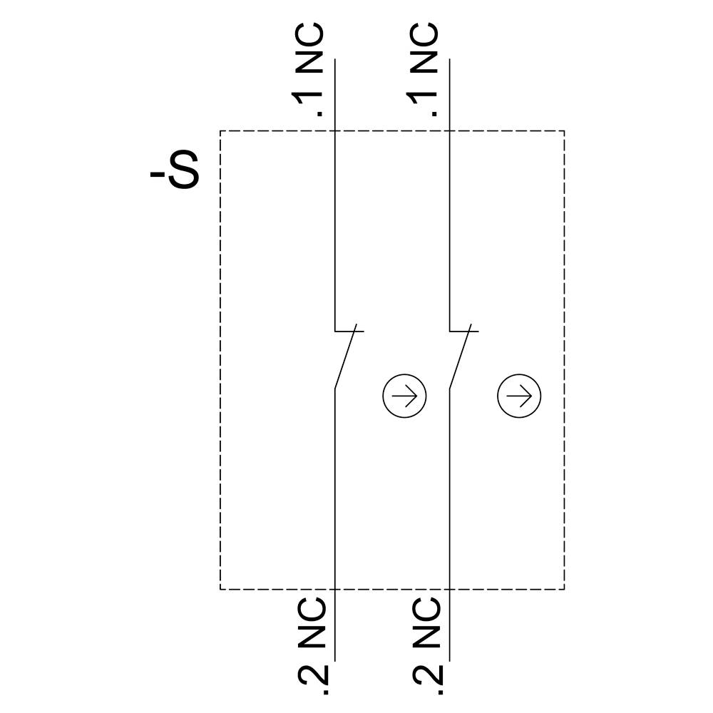 'S' Symbol mit zwei Schaltkreisen, je zwei Kontakte '1 NC' und '2 NC', die auf Unterbrecherfunktion hinweisen. Elektroschaltsymbol.